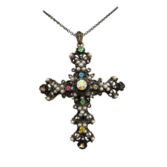 Vintage Ornate Cross Pendant Necklace With Rhinestones & Faux Pearls On Antique - Picture 2 of 3